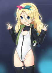 Rule 34 | 1girl, alice gear aegis, black jacket, black thighhighs, blonde hair, blue eyes, blush, braid, breasts, center opening, commentary request, cropped jacket, double v, flat chest, groin, hair between eyes, hairband, heattech leotard, highleg, highleg leotard, highres, jacket, jiji (aardvark), leotard, long hair, long sleeves, looking at viewer, miyaminami hikari, open clothes, open jacket, open mouth, parted bangs, simple background, smile, solo, standing, thighhighs, turtleneck, turtleneck jacket, v, w, wavy hair, white background, white leotard, zipper