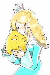 Rule 34 | 1girl, blonde hair, brooch, crown, dress, earrings, closed eyes, gown, highres, holding, jewelry, kiss, kissing forehead, long hair, luma (mario), mario (series), mzg04, nail polish, nintendo, pink lips, pink nails, rosalina, smile, sparkle, super mario galaxy, white background