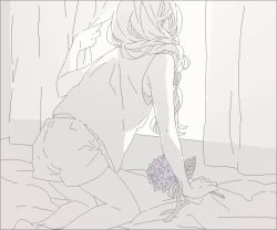 Rule 34 | 1girl, back turned, bare legs, bed, bed sheet, bouquet, curtains, flower, flower request, hair over shoulder, kai (dweep), kneeling, long hair, looking away, monochrome, original, ponytail, shorts, sleeveless, solo, solo focus, window