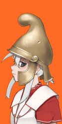 Rule 34 | 1girl, absurdres, ancient greek clothes, armor, closed mouth, greco-roman clothes, grey eyes, helmet, highres, looking at viewer, orange background, original, profile, pzkpfwi, short hair, sidelocks, simple background, soldier, solo, upper body, white hair