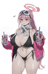 Rule 34 | 1girl, bare shoulders, bikini, black bikini, blue archive, blush, bottle, breasts, cleavage, collarbone, cowboy shot, cup, curvy, disposable cup, drinking glass, drinking straw, eimi (blue archive), eimi (swimsuit) (blue archive), eyewear on head, goggles, goggles on head, halo, highleg, highleg bikini, highleg swimsuit, highres, holding, holding cup, huge breasts, ice, jacket, long hair, long sleeves, looking at viewer, mimyo, navel, off shoulder, official alternate costume, open clothes, open jacket, open mouth, padded jacket, pink eyes, pink hair, pink halo, pink jacket, ponytail, scarf, simple background, ski goggles, smile, solo, string bikini, swimsuit, thick thighs, thighs, very long hair, white background, white scarf, wide hips