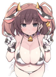 Rule 34 | 1girl, alternate costume, animal ears, animal print, atlanta (kancolle), bare arms, bare shoulders, bell, bikini, blue gloves, blush, breasts, brown hair, cleavage, collarbone, cow ears, cow horns, cow print, cowbell, cowboy shot, earrings, gloves, grey eyes, halterneck, horns, index finger raised, jewelry, kantai collection, large breasts, long hair, looking at viewer, navel, odawara hakone, pointing, pointing up, simple background, single earring, skindentation, solo, star (symbol), star earrings, striped bikini, striped clothes, swimsuit, two side up, white background