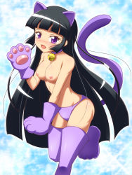 Rule 34 | 1girl, ageha (sister quest), animal ears, animal hands, bell, black hair, blush, breasts, cat ears, cat girl, cat paws, cat tail, collar, female focus, gloves, highres, hime cut, long hair, mole, neck bell, nipples, open mouth, panties, paw gloves, purple eyes, sister quest, solo, tail, takappe, thighhighs, topless, underwear