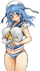 Rule 34 | 10s, 1girl, blue eyes, blue hair, blush, breasts, female focus, gloves, hat, kantai collection, large breasts, long hair, looking at viewer, matching hair/eyes, panties, perky breasts, sachito, school uniform, serafuku, simple background, solo, standing, striped clothes, striped panties, thick thighs, thighs, underwear, urakaze (kancolle), white background, white gloves, white hat