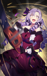 Rule 34 | absurdres, black hairband, chainsaw, chest tattoo, crazy eyes, dress, drill hair, hairband, highres, holding, holding chainsaw, hyakumantenbara salome, hyakumantenbara salome (1st costume), light purple hair, matsumoto tomoyohi, nijisanji, off-shoulder dress, off shoulder, parted bangs, power tool, purple eyes, red dress, red sleeves, tattoo, virtual youtuber