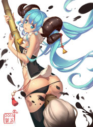 Rule 34 | 10s, 1girl, 2015, animal ears, anus, aqua eyes, aqua hair, aqua nails, ass, bell, breasts, brush, clothing aside, hatsune miku, heart, heart-shaped pupils, highres, horns, long hair, mei (ohayou girls), nail polish, ohayou girls, oversized object, panties, panties aside, pussy, pussy juice, sheep, sheep ears, sheep horns, sheep tail, sideboob, simple background, small breasts, solo, symbol-shaped pupils, tail, thighhighs, twintails, uncensored, underwear, very long hair, vocaloid