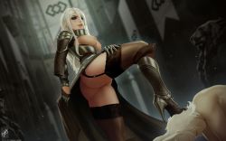 Rule 34 | 1boy, 1girl, angelise reiter, animal ears, armor, ass, warrior of light (ff14), black gloves, black thighhighs, blue eyes, blurry, blurry background, boots, breasts, breasts out, cleft of venus, closed eyes, clothed female nude male, commission, dutch angle, earrings, eyeshadow, femdom, final fantasy, final fantasy xiv, foot on head, garlean, garter straps, gloves, hair between eyes, high heel boots, high heels, highres, jewelry, large breasts, lips, long hair, makeup, mascara, nipples, no panties, nude, parted lips, pussy, rabbit ears, second-party source, short hair, shoulder armor, stepped on, themaestronoob, thighhighs, uncensored, viera, white hair