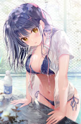 Rule 34 | 1girl, absurdres, bikini, blue bikini, blue hair, blush, bottle, breasts, brown eyes, chain-link fence, cleavage, commentary, cowboy shot, day, dripping, duplicate, fence, hair between eyes, hair ornament, hair ribbon, highres, large breasts, long hair, looking at viewer, nanami yuuno, navel, open clothes, open shirt, original, parted lips, pink ribbon, pixel-perfect duplicate, pool, print bikini, ribbon, see-through, shirt, short sleeves, side-tie bikini bottom, signature, solo, sousouman, standing, stomach, string bikini, swimsuit, twinbox, wading, water, water bottle, wet, wet clothes, wet hair, wet shirt, white shirt, x hair ornament