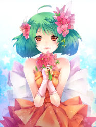 Rule 34 | 1girl, ahoge, bare shoulders, blush, braid, cowboy shot, dress, flower, gloves, green hair, hair flower, hair ornament, highres, holding, holding flower, lips, looking at viewer, macross, macross frontier, orange dress, own hands clasped, own hands together, parted lips, pink gloves, pleated dress, ranka lee, red eyes, sakura ran, short hair, solo, star (symbol), strapless, strapless dress, w arms