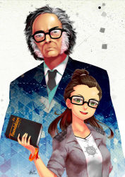 Rule 34 | 1boy, 1girl, black eyes, black hair, book, bracelet, collarbone, commentary, dated, expressionless, facial hair, formal, foundation series, glasses, gradient background, green eyes, grey background, isaac asimov, jewelry, logo, looking at viewer, lulu-chan92, mutton chops, necktie, open clothes, open mouth, open shirt, original, patterned clothing, plaid, ponytail, real life, science fiction, shiny skin, shirt, signature, sleeves rolled up, smile, suit, symbolism, white hair, writer