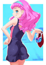 Rule 34 | 1girl, aqua hairband, ass, blue eyes, clenched teeth, hairband, hand on own hip, highres, kazuma muramasa, laura (precure), long hair, looking at viewer, looking back, one-piece swimsuit, pink hair, precure, smile, solo, swimsuit, teeth, tropical-rouge! precure