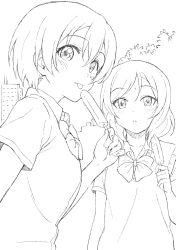 Rule 34 | 2girls, :3, blush, bow, bowtie, breasts, closed mouth, collarbone, eating, female focus, food, food bite, from side, greyscale, hand up, happy, holding, hoshizora rin, lineart, looking at viewer, love live!, love live! school idol project, monochrome, multiple girls, nishikino maki, outdoors, parted lips, popsicle, school uniform, shibasaki shouji, shirt, short hair, short sleeves, sketch, small breasts, smile, standing, sweat, tongue, tongue out, tree, upper body, vest