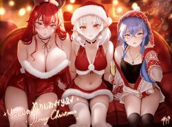 Rule 34 | 3girls, ahoge, bare shoulders, black hairband, black thighhighs, blue eyes, blue hair, blush, breasts, christmas, cleavage, collarbone, crossed bangs, elf, eris greyrat, female focus, hairband, highres, jewelry, large breasts, long hair, looking at viewer, matching hair/eyes, medium breasts, merry christmas, multiple girls, mushoku tensei, nail polish, navel, necklace, open mouth, pointy ears, red eyes, red hair, roxy migurdia, short hair, signature, small breasts, smile, stomach, sylphiette (mushoku tensei), thighhighs, thighs, white hair, white thighhighs, zasshu