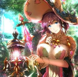 Rule 34 | 1girl, alternate breast size, bad id, bad pixiv id, blue eyes, blurry, blurry background, breasts, circlet, cleavage, day, granblue fantasy, hat, highres, kuziaaizuk, lantern, large breasts, lennah, long sleeves, looking at viewer, outdoors, purple hair, smile, solo, upper body