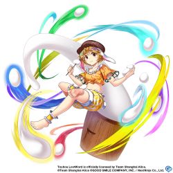 Rule 34 | 1girl, animal ears, ankleband, barefoot, brown hat, cabbie hat, closed mouth, copyright notice, crop top, crossed legs, dango, eating, flat cap, floppy ears, food, hat, midriff, navel, official art, orange shirt, orange shorts, rabbit ears, rabbit girl, rabbit tail, ringo (touhou), rotte (1109), shirt, short sleeves, shorts, soles, solo, stomach, striped clothes, striped shorts, tail, toes, touhou, touhou lostword, transparent background, vertical-striped clothes, vertical-striped shorts, wagashi, yellow shorts