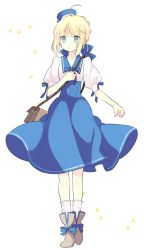 Rule 34 | 1girl, 87banana, ahoge, alternate costume, ankle boots, artoria pendragon (all), artoria pendragon (fate), bag, blonde hair, blue bow, blue hat, blue sailor collar, blue skirt, boots, bow, brown footwear, commentary request, dress, fate/stay night, fate (series), full body, green eyes, hair bow, hair bun, hair up, hand on own chest, handbag, hat, looking to the side, mini hat, saber (fate), sailor collar, sailor dress, shirt, short sleeves, sidelocks, simple background, single hair bun, skirt, socks, solo, white background, white shirt, white socks