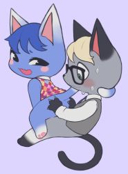 Rule 34 | 1boy, 1girl, animal crossing, animal ears, animal hands, arched back, argyle, argyle clothes, argyle dress, ass, ass grab, bare shoulders, barefoot, black-framed eyewear, black eyes, blonde hair, blue background, blue hair, blush, blush stickers, bottomless, cat, cat ears, cat tail, claws, closed mouth, clothes lift, constricted pupils, dress, dress lift, fang, formal, from behind, from side, furry, furry female, furry male, furry with furry, girl on top, glasses, green eyes, grey vest, half-closed eyes, hetero, highres, long sleeves, looking at another, looking back, looking down, multicolored clothes, multicolored dress, necktie, nervous, nintendo, no panties, on lap, open mouth, pawpads, purple background, raymond (animal crossing), robot (pixiv 42325944), rosie (animal crossing), shirt, short hair, simple background, skin fang, sleeveless, sleeveless dress, straddling, sweat, tail, vest, wavy mouth, white shirt