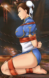 Rule 34 | 1girl, absurdres, arms behind back, ass, barefoot, bdsm, body blush, bondage, bound, bound ankles, bound arms, bound legs, bound wrists, breasts, brown eyes, brown hair, bun cover, capcom, chain, chinese clothes, chun-li, double bun, from side, hair bun, highres, kneeling, large breasts, legs, long legs, lost one zero, nail polish, seiza, short hair, sitting, street fighter, sweat, tape, tape bondage