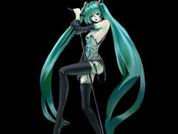 Rule 34 | 1girl, aqua hair, bad id, bad pixiv id, boots, breasts, detached sleeves, hand on thigh, hatsune miku, idsuru, legs, long hair, microphone, microphone stand, necktie, open mouth, sideboob, simple background, skirt, solo, thigh boots, thighhighs, twintails, very long hair, vocaloid