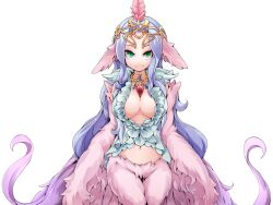 Rule 34 | 1girl, animal ears, bird ears, bird legs, bird tail, bmp-to-png conversion, breasts, center opening, crown, dress, eyeshadow, feathered wings, feathers, frfr, green dress, green eyes, harpy, large breasts, long hair, looking at viewer, lucretia (mon-musu quest!), makeup, midriff, mon-musu quest!, monster girl, non-web source, pendant choker, pink feathers, pink wings, plunging neckline, purple feathers, purple hair, sidelocks, single hair tube, smile, solo, tail, transparent background, very long hair, winged arms, wings