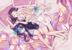 Rule 34 | 2girls, 54hao, :o, barefoot, bed sheet, black dress, black hair, blonde hair, bow, closed eyes, dress, facing viewer, forehead, girl on top, green bow, hair bow, highres, long hair, lying, multiple girls, on back, open mouth, original, parted bangs, pillow, see-through, siblings, sisters, sleeveless, sleeveless dress, strap slip, twins, very long hair, white dress
