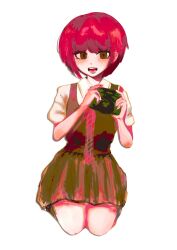 Rule 34 | 1girl, :d, blush, bob cut, brown dress, brown eyes, camera, commentary, danganronpa (series), danganronpa 2: goodbye despair, diagonal-striped clothes, diagonal-striped necktie, dress, dress shirt, dslr, freckles, full body, highres, holding, holding camera, koizumi mahiru, looking at viewer, nae (p35474586), necktie, on ground, open mouth, pinafore dress, red hair, red necktie, school uniform, seiza, shirt, short hair, short sleeves, simple background, sitting, sketch, sleeveless, sleeveless dress, smile, solo, striped clothes, w arms, white background, white shirt