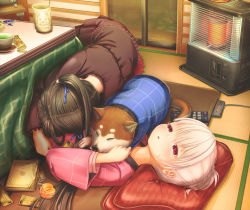 Rule 34 | 2girls, aiuabo, albino, animal, black hair, blue ribbon, book, brown dress, commentary request, controller, couple, cup, cushion, dog, dress, food, fruit, green tea, hair bun, hair ribbon, half-closed eyes, hand up, hanten (clothes), heater, indoors, kotatsu, long hair, long sleeves, looking at another, lying, lying on person, mandarin orange, multiple girls, on back, on side, open mouth, original, red eyes, remote control, ribbon, single hair bun, sweat, table, tea, teacup, white hair, wrapper, yunomi, yuri