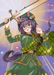 Rule 34 | 1girl, animal ears, belt, black-framed eyewear, blue eyes, braid, breasts, brown belt, cape, commentary, cowboy shot, crown braid, ear ornament, green cape, green headwear, green jacket, green skirt, highres, holding, holding sword, holding weapon, horse ears, horse girl, horse tail, jacket, large breasts, long hair, long sleeves, looking at viewer, open mouth, plaid cape, ponytail, skirt, solo, sparkle, sword, tail, umamusume, v-shaped eyebrows, vandy76, weapon, zenno rob roy (umamusume)