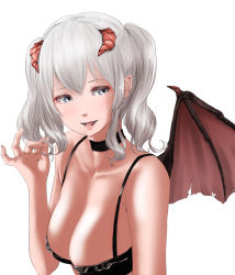 Rule 34 | 1girl, black bra, blue eyes, blush, bra, breasts, demon girl, demon horns, demon wings, highres, horns, kantai collection, kashima (kancolle), large breasts, long hair, looking at viewer, open mouth, sidelocks, silver hair, smile, solo, tama (tamago), twintails, underwear, wavy hair, wings