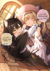 Rule 34 | 2girls, @ @, alternate language, animal ears, bag, black capelet, black hair, blonde hair, bloom, blush, capelet, cat ears, cat girl, ceiling, cheek pinching, closed eyes, commentary, company name, copyright notice, english commentary, english text, frilled hairband, frills, gloves, hairband, hands on another&#039;s cheeks, hands on another&#039;s face, hat, heart, highres, imminent hug, imminent kiss, indoors, little witch nobeta, long hair, multiple girls, nervous sweating, nobeta, official art, on floor, phyllis (human) (little witch nobeta), phyllis (little witch nobeta), pinching, pink hairband, puckered lips, ryota (ry o ta), shoulder bag, speech bubble, spoken heart, sunlight, sweat, v-shaped eyebrows, white gloves, window, witch hat, wooden floor, yellow eyes, yuri