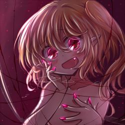 Rule 34 | 1girl, blonde hair, blush, fang, flandre scarlet, flat chest, haiiro (immature), nail polish, nude, open mouth, red eyes, red nails, side ponytail, solo, string, string of fate, touhou, upper body