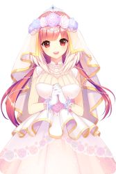 Rule 34 | 1girl, breasts, cleavage, dress, flower, gloves, happy, highres, jewelry, large breasts, long hair, looking at viewer, necklace, official art, open mouth, own hands together, pearl necklace, pink dress, pink flower, pink hair, pink rose, red eyes, rose, selena (soccer spirits), shirahane nao, smile, soccer spirits, transparent background, veil, wedding dress, white flower, white gloves, white rose