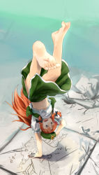 Rule 34 | 1girl, barefoot, beret, black eyes, braid, feet, handstand, hat, highres, hong meiling, long hair, one arm handstand, red hair, skirt, soles, solo, tadano omake, toes, touhou, twin braids, upside-down