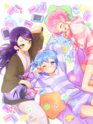 Rule 34 | 1boy, 2girls, :d, blue eyes, blue hair, brother and sister, dorothy west, hanten (clothes), highres, hood, hoodie, japanese clothes, matching outfits, mole, multiple girls, ndo2, official style, open mouth, pink hair, pretty series, pripara, reona west, short hair, shorts, siblings, smile, striped clothes, striped hoodie, striped shorts, toudou shion, twins