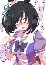 Rule 34 | 1girl, animal ears, black hair, blue eyes, blush, bob (you-u-kai), bow, bowtie, breasts, commentary request, ear ornament, eishin flash (umamusume), hand on own chest, heavy breathing, highres, horse ears, horse girl, looking at viewer, medium breasts, medium hair, motion lines, open mouth, puffy short sleeves, puffy sleeves, purple bow, ribbon, sailor collar, school uniform, serafuku, short sleeves, solo, sweat, swept bangs, tracen school uniform, translation request, umamusume, upper body, white background, wide-eyed