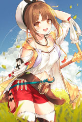 Rule 34 | 1girl, :d, arm up, atelier (series), atelier ryza, atelier ryza 1, belt, beret, blue sky, breasts, brown eyes, brown hair, cleavage, cloud, collarbone, cowboy shot, day, drawstring, falling leaves, flask, grass, hair ornament, hairclip, hat, jewelry, kh (kh 1128), large breasts, leaf, looking at viewer, midriff, navel, necklace, open mouth, outdoors, red shorts, reisalin stout, shirt, short hair, short shorts, shorts, sky, smile, solo, standing, star (symbol), test tube, thighhighs, thighs, white hat, white shirt