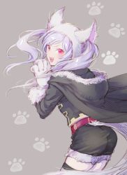 Rule 34 | 1girl, animal ears, animal hands, ass, cape, collar, corruption, dark persona, fake animal ears, fire emblem, fire emblem awakening, fire emblem heroes, gloves, glowing, glowing eyes, grey background, grima (fire emblem), halloween costume, intelligent systems, long hair, looking back, nintendo, official alternate costume, paw gloves, possessed, possession, red eyes, robin (female) (fire emblem), robin (fire emblem), silver hair, simple background, smile, solo, t misaomaru, twintails