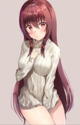 Rule 34 | 1girl, between legs, blush, breasts, brown background, brown hair, brown sweater, closed mouth, commentary request, fate/grand order, fate (series), hair between eyes, hair intakes, hand between legs, highres, kubong, large breasts, long hair, long sleeves, red eyes, ribbed sweater, scathach (fate), simple background, sleeves past wrists, solo, sweater, turtleneck, turtleneck sweater, very long hair