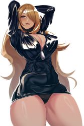 Rule 34 | 1girl, black dress, blonde hair, breasts, collarbone, creatures (company), cynthia (pokemon), dress, from below, game freak, hair over one eye, highres, large breasts, long hair, long sleeves, looking at viewer, nintendo, open clothes, open dress, pencil skirt, pokemon, pokemon dppt, skirt, solo, volyz, yellow eyes