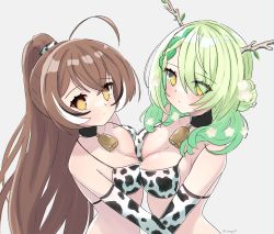 Rule 34 | 2girls, absurdres, ahoge, animal print, asymmetrical docking, bell, bikini, black choker, braid, breast press, breasts, brown eyes, brown hair, ceres fauna, choker, closed mouth, cow print, cow print bikini, cowbell, flower, green hair, hair flower, hair ornament, highres, hololive, hololive english, large breasts, long hair, looking at viewer, magui3, medium breasts, multiple girls, nanashi mumei, neck bell, ponytail, print bikini, swimsuit, upper body, virtual youtuber, wavy hair, yellow eyes