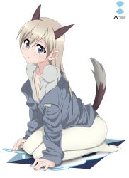 Rule 34 | 1girl, absurdres, animal ears, blue eyes, blue jacket, blush, breasts, cleavage, collarbone, dated, eila ilmatar juutilainen, fox ears, fox tail, highres, jacket, long hair, looking at viewer, military, military uniform, open mouth, pantyhose, shiny skin, shirt, silver hair, simple background, small breasts, solo, strike witches, tail, uniform, white background, white pantyhose, white shirt, world witches series