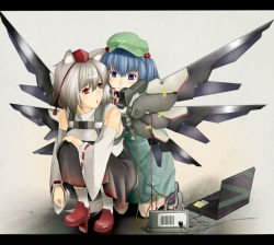 Rule 34 | 2girls, animal ears, bare shoulders, blue eyes, blue hair, cable, computer, detached sleeves, female focus, geta, hair bobbles, hair ornament, hat, inubashiri momiji, kawashiro nitori, keyboard (computer), kneeling, laptop, letterboxed, machine, mechanical wings, multiple girls, red eyes, silver hair, skirt, squatting, tkln, tokin hat, touhou, twintails, two side up, wings, wire, wolf ears