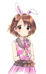 Rule 34 | 1girl, :o, animal ears, bare shoulders, blush, braid, brown eyes, brown hair, collared dress, dress, fake animal ears, idolmaster, idolmaster cinderella girls, kawaseki, looking at viewer, necktie, own hands together, pink dress, rabbit ears, sasaki chie, short hair, side braid, simple background, sketch, sleeveless, sleeveless dress, solo, steepled fingers, upper body, white background, wrist cuffs