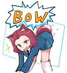 Rule 34 | 1girl, absurdres, animal ears, asutoro (s--t), bent over, black necktie, blue skirt, blue sweater, brown eyes, commentary, dog ears, dog tail, dress shirt, fangs, girls und panzer, head tilt, highres, long sleeves, looking at viewer, loose socks, motion lines, necktie, open mouth, pleated skirt, red hair, rosehip (girls und panzer), school uniform, shirt, short hair, sketch, skirt, smirk, socks, solo, sound effects, sparkle, st. gloriana&#039;s school uniform, standing, sweater, tail, tail wagging, translated, v-neck, v-shaped eyebrows, white shirt, white socks
