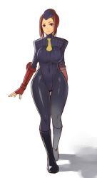 Rule 34 | 1girl, armor, boots, breasts, brown eyes, brown hair, capcom, elbow gloves, fingerless gloves, gloves, hat, hip focus, juli (street fighter), large breasts, nagase haruhito, necktie, solo, street fighter, thick thighs, thighs, wide hips