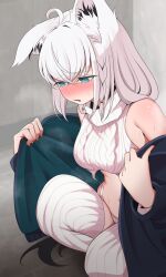 Rule 34 | 1girl, ahoge, animal ear fluff, animal ears, bare shoulders, blue eyes, blush, ear down, embarrassed, fox ears, fox girl, fox tail, highres, hololive, jacket, kneeling, meme attire, navel, open clothes, open jacket, panties, ribbed sweater, shirakami fubuki, sleeveless, sleeveless sweater, solo, stomach, suzuushi, sweat, sweater, tail, thighhighs, underwear, virgin destroyer sweater, virtual youtuber