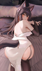 Rule 34 | 1girl, alternate costume, animal ears, arknights, ass, ass cutout, back, bare shoulders, bed sheet, black bridal gauntlets, black hair, blush, bridal gauntlets, brown garter straps, brown thighhighs, butt crack, clothing cutout, commentary request, dress, from behind, highres, looking at viewer, looking back, multicolored hair, off-shoulder dress, off shoulder, on bed, open mouth, orange eyes, pelvic curtain, red hair, ru zhai, solo, streaked hair, tail, tail through clothes, texas (arknights), thighhighs, white dress, wolf ears, wolf girl, wolf tail
