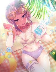 Rule 34 | 1girl, absurdres, anklet, armpits, ball, bare shoulders, beach, beach towel, beachball, belly, bikini, blush, boku no hero academia, bottle, bracelet, breasts, cellphone, cleavage, collar, collarbone, eyewear on head, glasses, gluteal fold, groin, highres, jewelry, jirou kyouka, leg up, legs, looking at viewer, medium breasts, navel, necklace, open mouth, phone, plant, purple eyes, purple hair, ring, sand, short hair, sitting, solo, sunglasses, sunlight, sweat, sweatdrop, swimsuit, thigh strap, thighs, towel, water, water bottle, water drop, ye 77i
