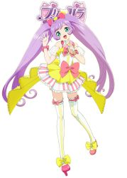 Rule 34 | 1girl, aqua eyes, bow, detached sleeves, hair bow, highres, idol, long hair, manaka laala, microphone, official art, pretty series, pripara, puffy short sleeves, puffy sleeves, purple hair, footwear bow, shoes, short sleeves, solo, thighhighs, transparent background, twintails