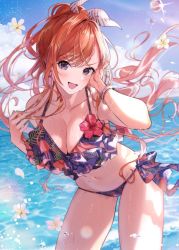 Rule 34 | 1girl, :d, arisugawa natsuha, bangle, bare shoulders, bikini, blurry, bracelet, breasts, brown eyes, cleavage, cloud, cloudy sky, collarbone, cowboy shot, day, depth of field, floating hair, flower, frilled bikini, frills, glint, groin, hair tie, high ponytail, highres, horizon, idolmaster, idolmaster shiny colors, jewelry, large breasts, leaning forward, long hair, magako, navel, ocean, open mouth, petals, print bikini, purple bikini, red flower, red hair, side-tie bikini bottom, sky, smile, solo, standing, sunlight, swimsuit, v-shaped eyebrows, very long hair, water, water drop, wet, white flower, wristband
